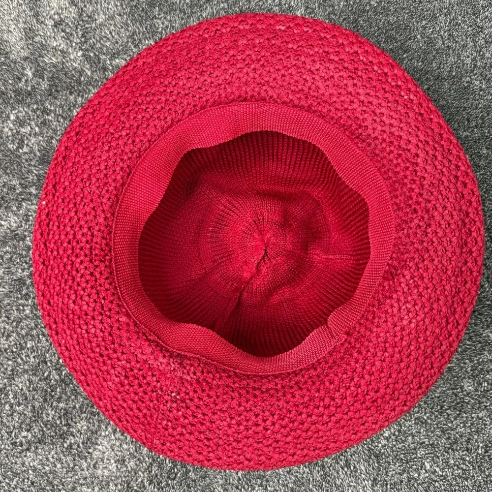 Red Knit Cloche Hat with Floral Accent Vintage Style Rolled Brim Women Accessory